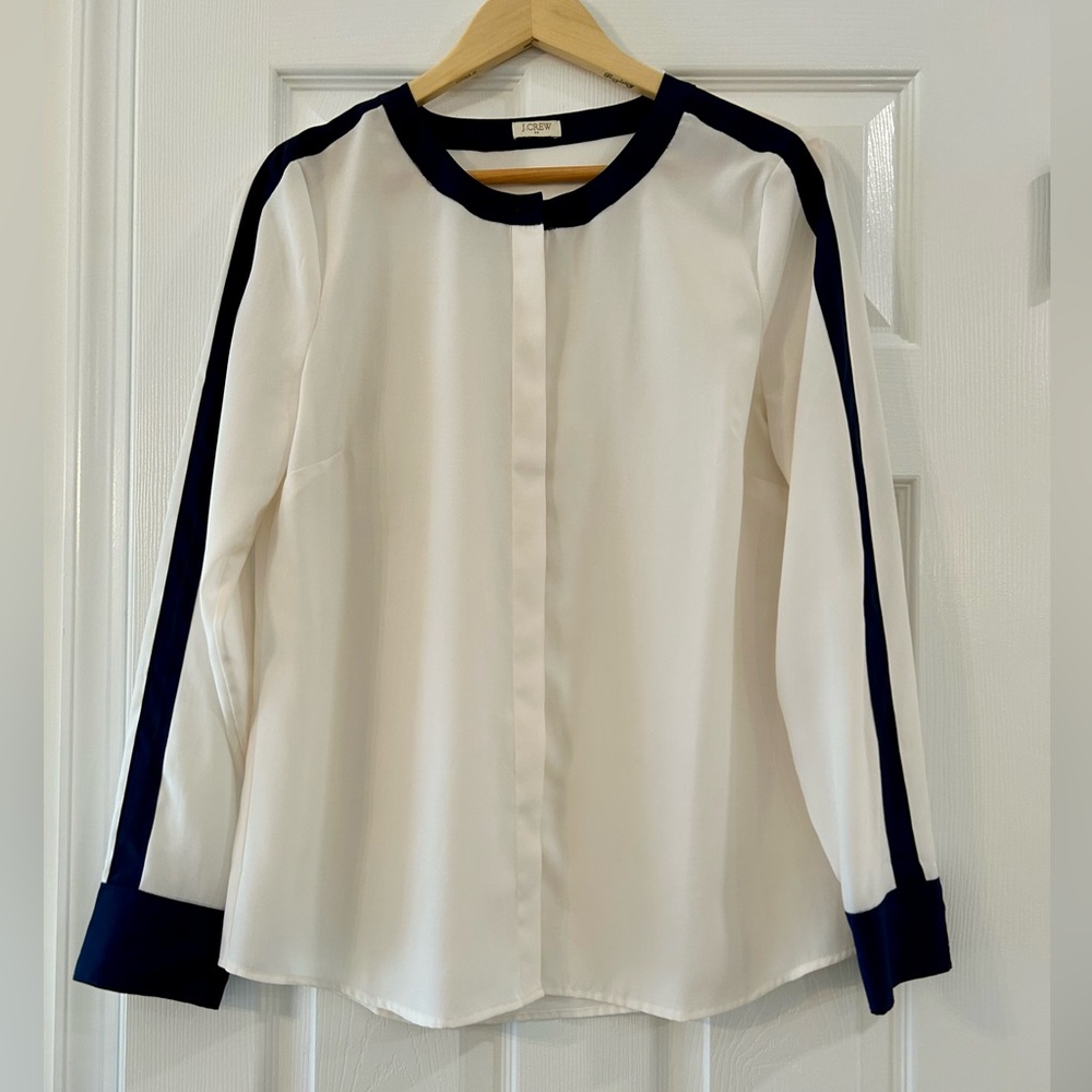 J.crew White and Navy Long-Sleeve Contrast Trim Blouse